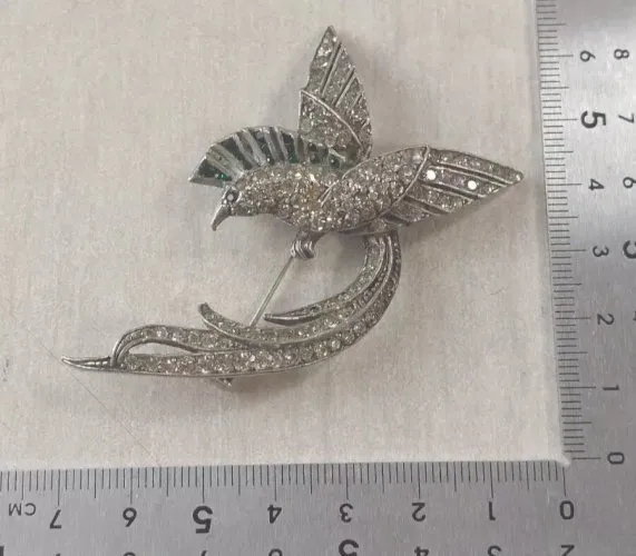 Ancienne belle broche, forme oiseau, décor strass, en argent, Made in France