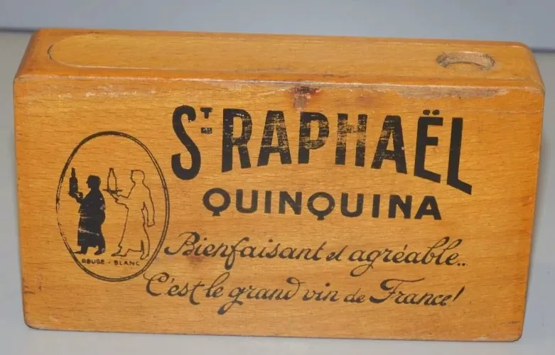 - ANCIENNE BOITE A CARTES BOIS PUBLICITE SAINT RAPHAEL QUINQUINA & 32 CARTES D