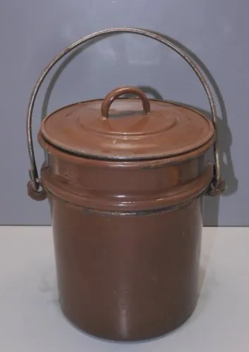 -ANCIENNE BOITE GAMELLE REPAS 2 COMPARTIMENTS EMAILLEE MARRON INTERIEUR BLEU D