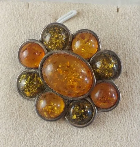 Ancienne broche, ambre en argent massif, vintage