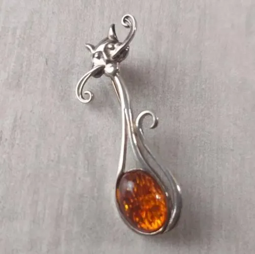 Ancienne broche ambre, en argent massif