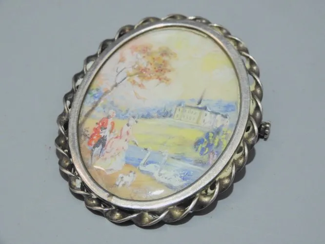 -ANCIENNE BROCHE PENDENTIF MONTURE ARGENT Peinture sur NACRE poinçon Sanglier D