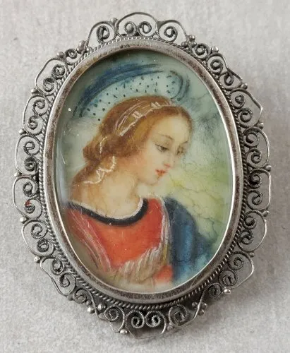 Ancienne broche / pendentif religieux, portrait, filigrane, en argent, 19ème