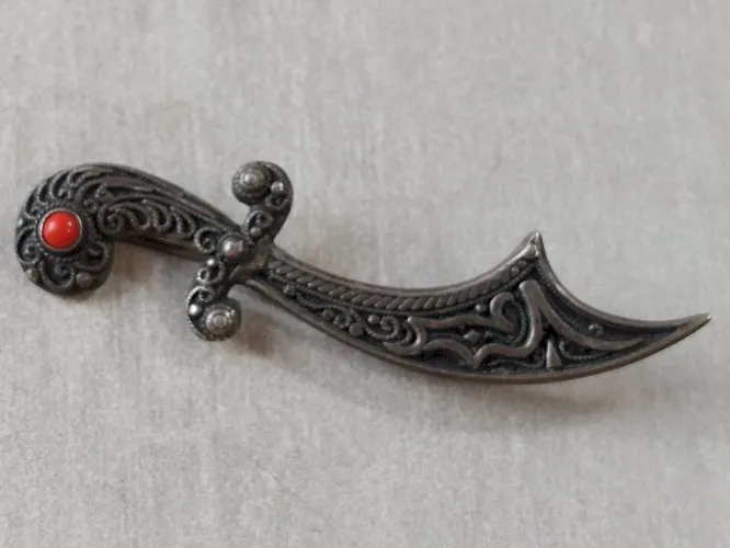 Ancienne broche sabre Khanjar oriental, en argent, vintage