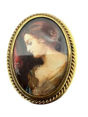 Ancienne broche vers 1930/1950 portrait femme miniature signé manufacture Flaman