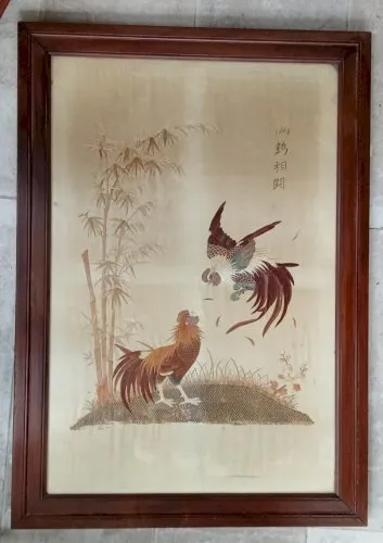 Ancienne Broderie Sur Soie Combat De Coq Art Asiatique cockfight silk embroidery