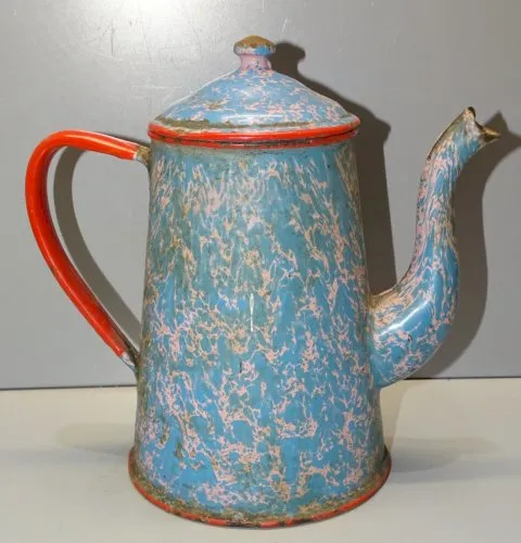 -ANCIENNE CAFETIERE EMAILLEE MARBREE BLEU ET BLANC COLLECTION DECO  D