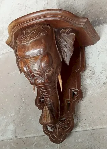 Ancienne Console D Applique Étagère Tête Éléphant Bois Sculpté Début 1900 Asie