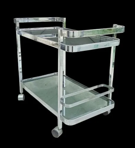 Ancienne Desserte Roulante Chariot Bar Chrome Verre Fumé/Design Italien 70