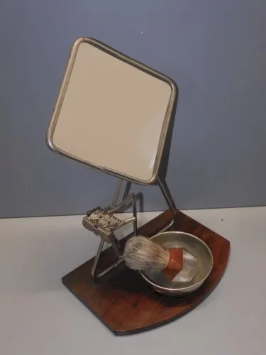 -ANCIENNE GLACE de BARBIER SUR SOCLE BOIS avec BOL BLAIREAU RASOIR COLLECTION D