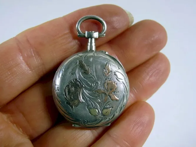 Ancienne montre gousset ag massif & or gravé Art Nouveau iris monogramme poinçon
