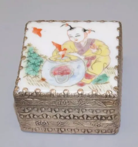 -ANCIENNE PETITE BOITE PORCELAINE de CHINE & CUIVRE Argenté MIROIR Intérieur