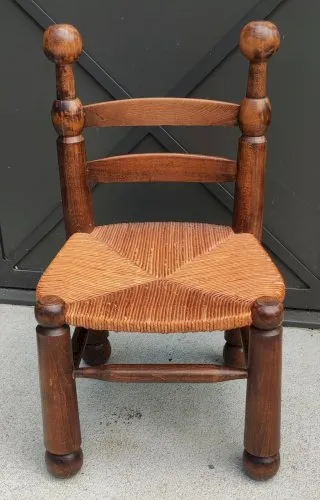 Ancienne Petite Chaise Basse Paillée Charles Dudouyt Design 20 Ème Siècle