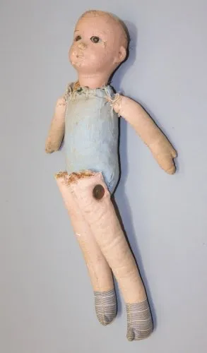 -ANCIENNE POUPEE SFBJ TETE COMPOSITION CORPS TISSU & PAILLE YEUX VERRE FIXES D