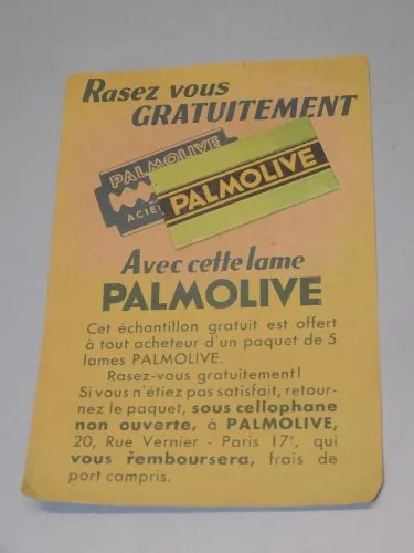 -ANCIENNE PUBLICITE PAPIER LAME PALMOLIVE AVEC LAME à RASER PRESENTE PUB  D