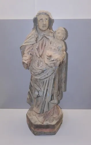 -ANCIENNE STATUE VIERGE A L'ENFANT BOIS YEUX SULFURE EPOQUE à DETERMINER  D