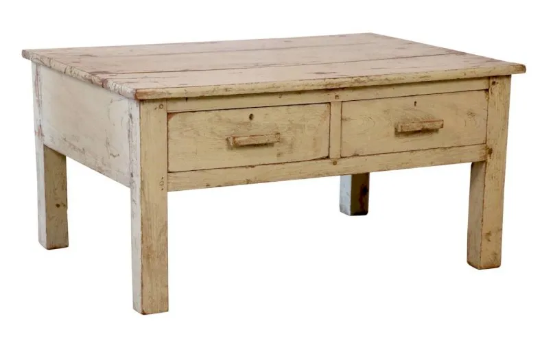 Ancienne table de chevet en teck birman patine écrue verte d’origine