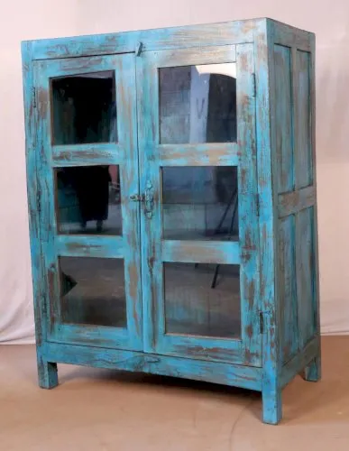 Ancienne vitrine en teck birman patine bleue d’origine