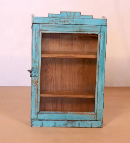 Ancienne vitrine murale art déco en teck birman patine bleue d’origine