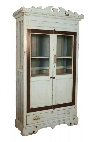 Armoire vitrée art déco en teck birman patine turquoise d’origine