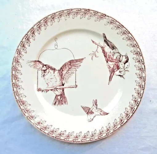Assiette ancienne Sarreguemines modèle Buffon, couleur sépia: Oiseaux, n°1