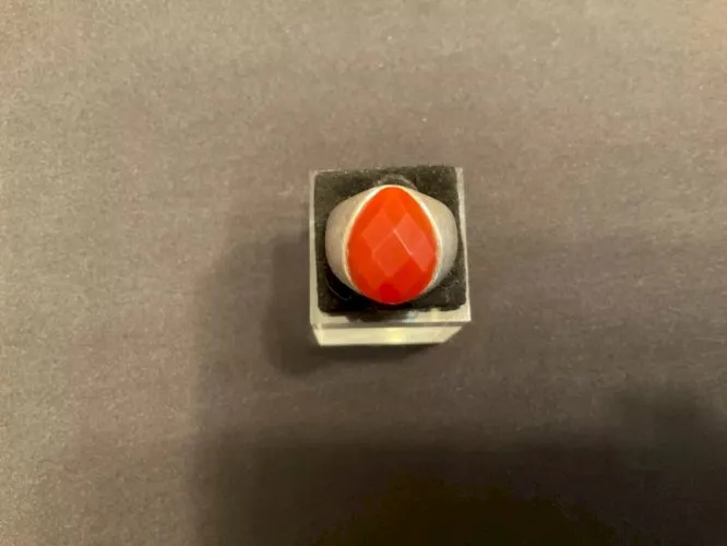 Bague argent grosse pierre à facettes de verre orange (T55)