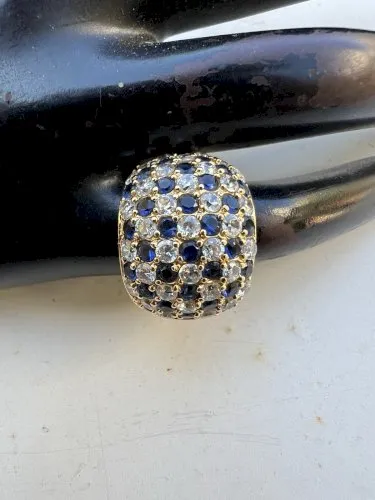 Bague cocktail taille 50 Fr strass bleu saphir & cristal blanc vintage Chic