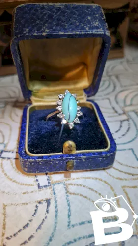 Bague marquise en argent et pate de verre imitation turquoise