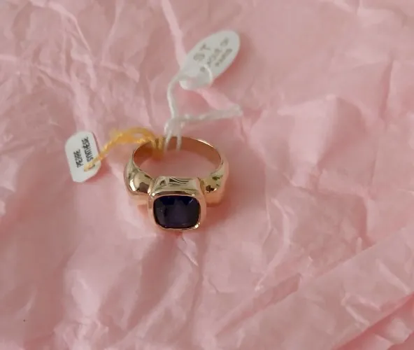 Bague plaqué or avec cabochon carré saphir de synthèse - taille 58