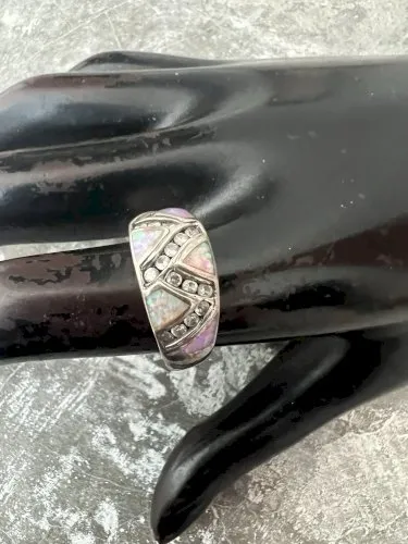 Bague vintage taille 57 FR Sertie opales-argent, Poinçonné 925.