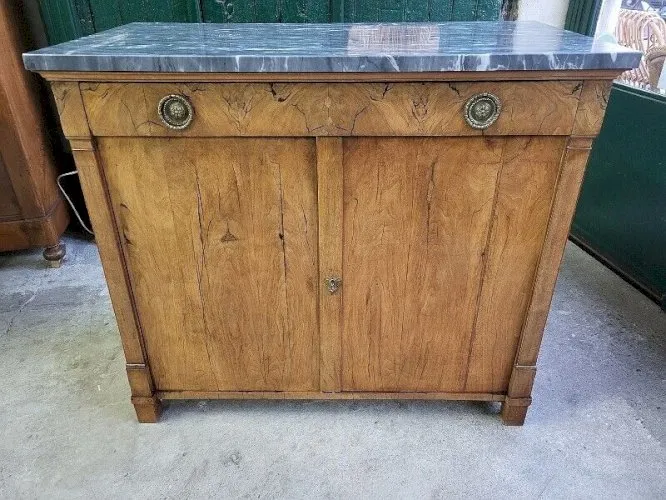 BAHUT 2 PORTES 1 TIROIR EN NOYER BLOND DIRECTOIRE PLATEAU MARBRE