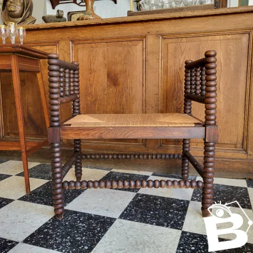 Banc paillé en bois tourné