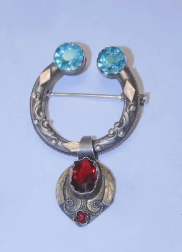 -BELLE ANCIENNE BROCHE FIBULE ARGENT testé & 3 Verres Taillés colorés  D