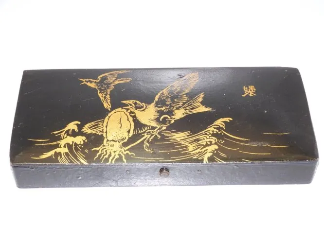 -BELLE BOITE PLUMIER CARTON BOUILLI CHINE décor OISEAUX & CALAMAR Dorés D