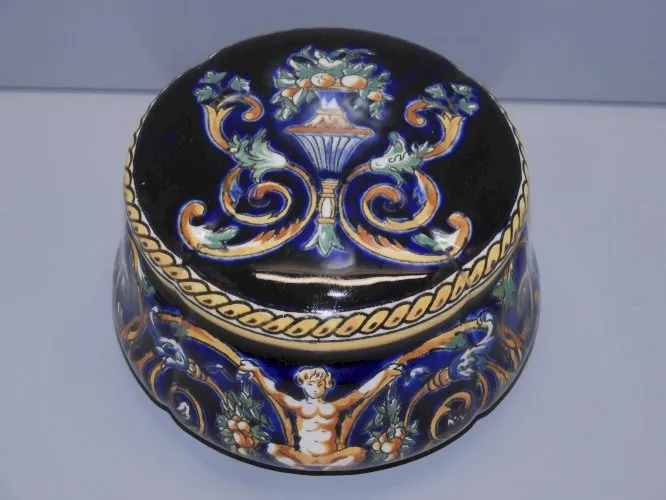 -BELLE BONBONNIERE CERAMIQUE GIEN RENAISSANCE ITALIENNE BLEU de FOUR D
