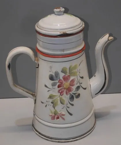 -BELLE CAFETIERE TÔLE EMAILLEE à décor de FLEURS avec son filtre déco D