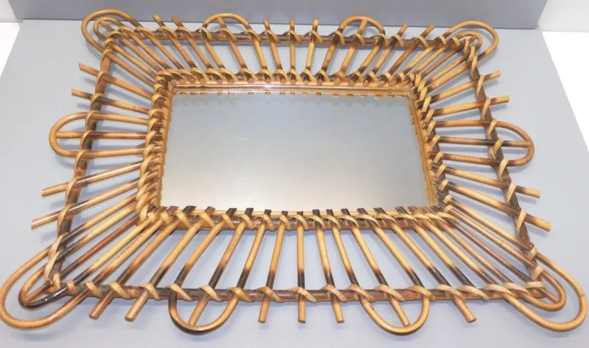 -BELLE GRANDE GLACE RECTANGLE MURALE VINTAGE OSIER ép. Chaty vallauris An 50's D