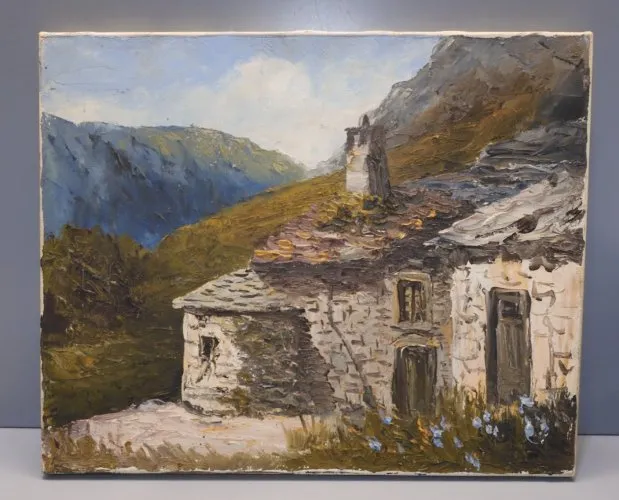 -BELLE HUILE SUR TOILE TABLEAU PAYSAGE MONTAGNEUX signé VIBERT EMILE HST D