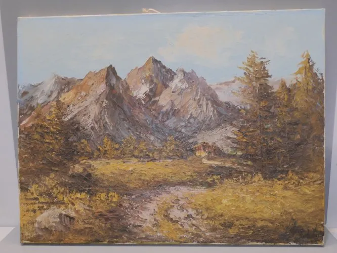 -BELLE HUILE SUR TOILE TABLEAU PAYSAGE MONTAGNEUX signé VIBERT EMILE HST D