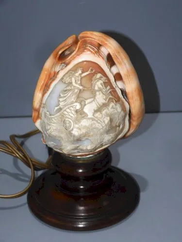 -BELLE LAMPE COQUILLAGE VEILLEUSE décor CAMEE CHAR ROMAIN Pied BOIS déco  D