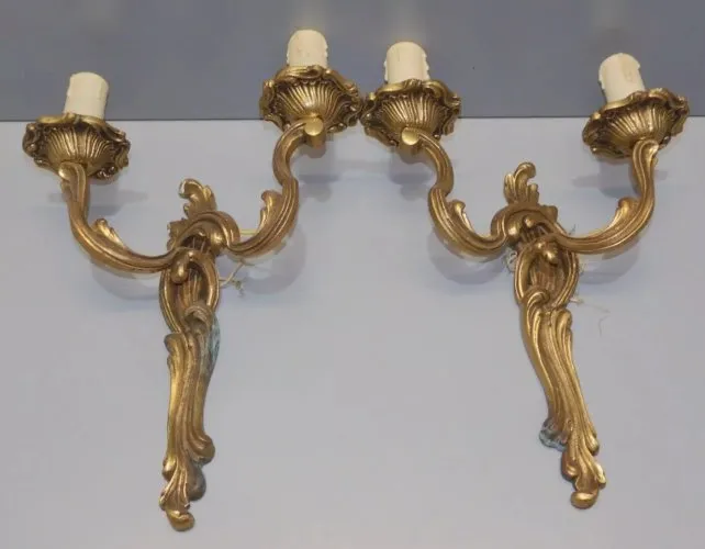 -BELLE PAIRE D'APPLIQUES BRONZE ROCAILLE XXe LUMINAIRE DECO JUS de GRENIER   D