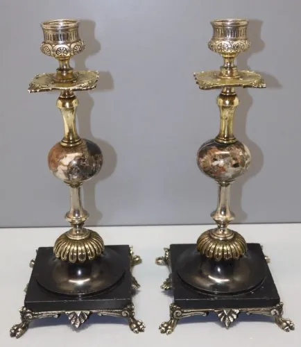 -BELLE PAIRE de BOUGEOIR NAPOLEON III NIII BRONZE MARBRE PIEDS GRIFFES D