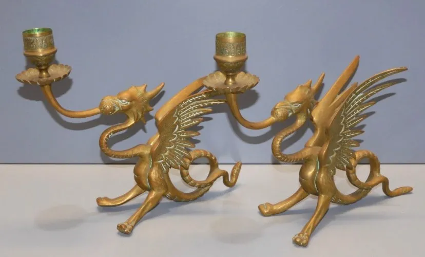 -BELLE PAIRE de BOUGEOIRS DRAGONS AILES BRONZE NAPOLEON III NIII déco Bougie D