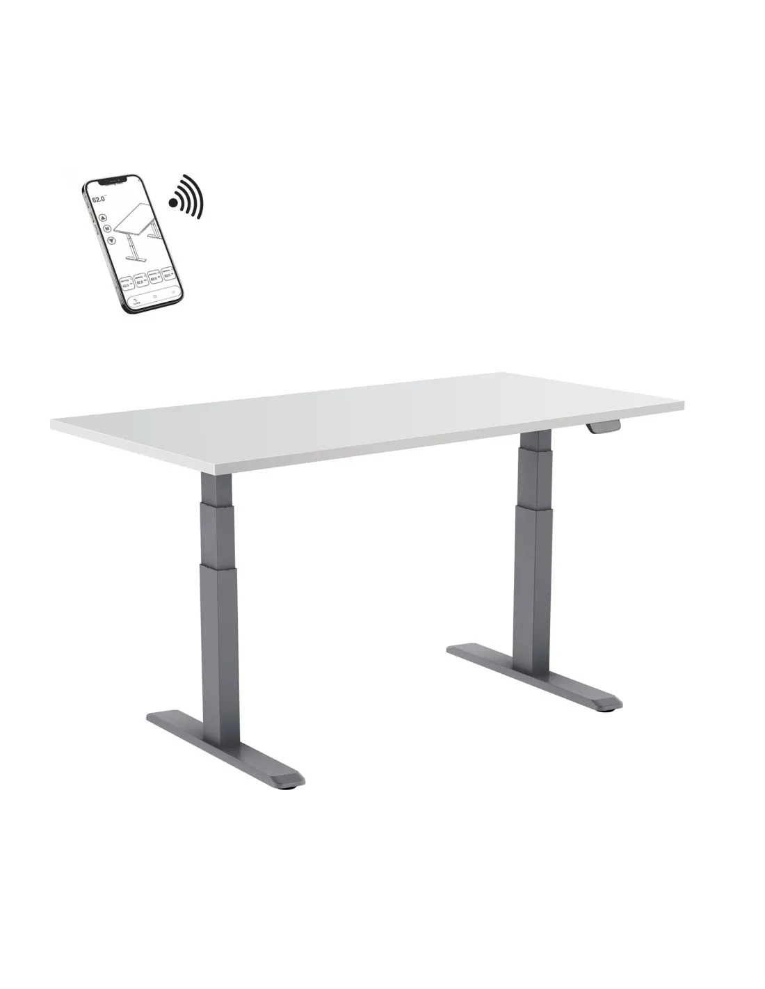 Bureau motorisé assis-debout 120x75cm, Plateau blanc/Pied gris, Connecté