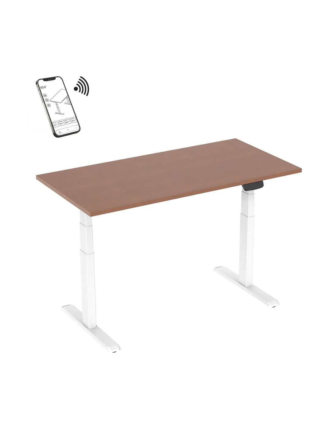 Bureau motorisé assis-debout 180x75cm Plateau noyer/Pied blanc, Connecté