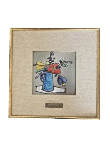 Carreau de céramique Vallauris nature morte GIRAUD dans cadre années 50/60