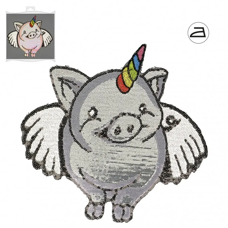 Ecusson cochon licorne sequins - Argent