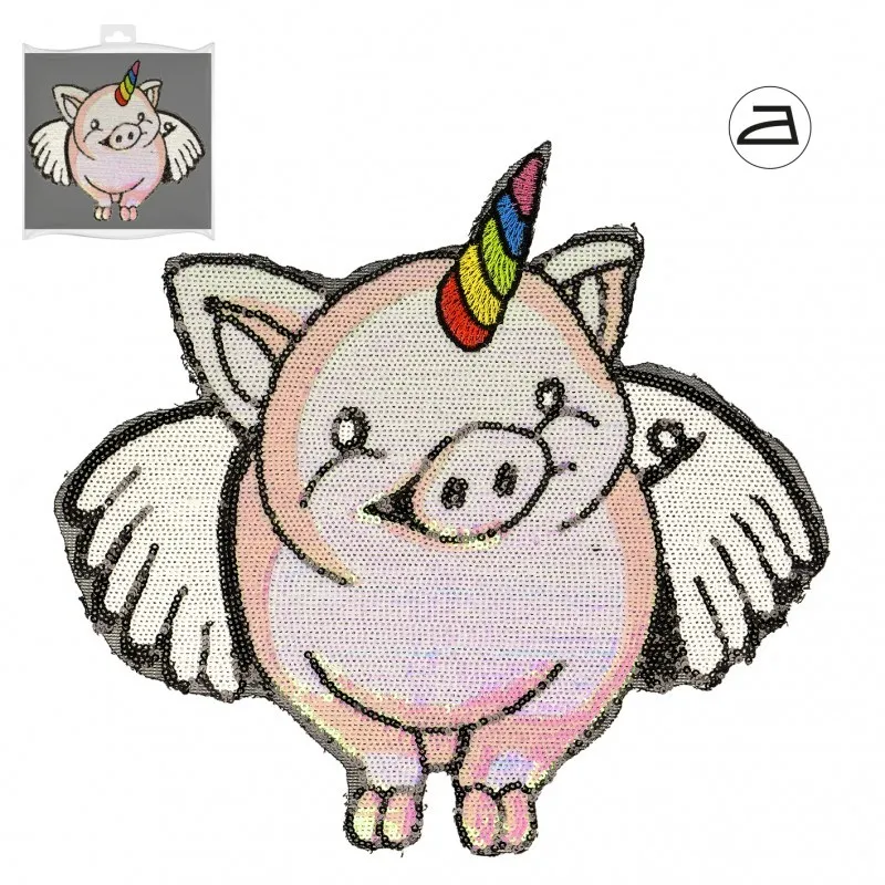 Ecusson cochon licorne sequins - Rose