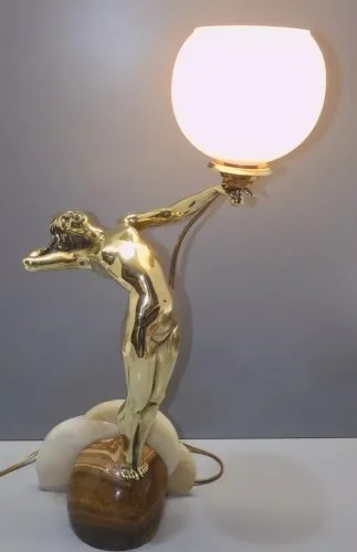 -EXCEPTIONNELLE LAMPE ART DECO JEUNE FEMME BRONZE SOCLE ALBATRE & PIERRE  D