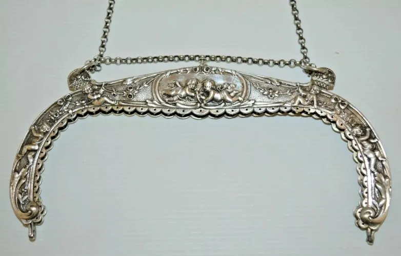 -EXCEPTIONNELLE MONTURE de SAC ART NOUVEAU ARGENT Chérubins Amours fleurs 223 g